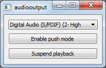 UI with playback controls and audio output mode selection