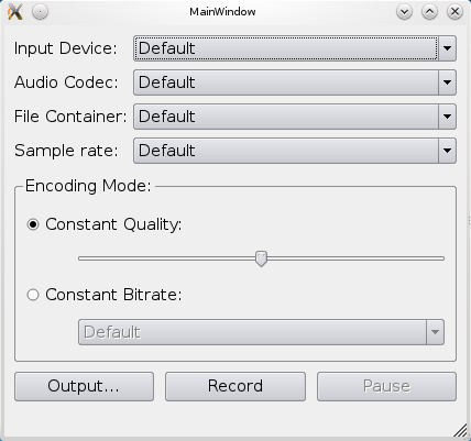 Settings panel for choosing audio input, codec, and format type