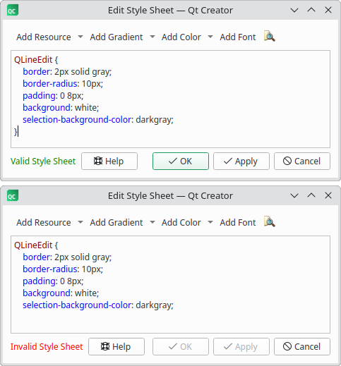 Editing and validating a stylesheet