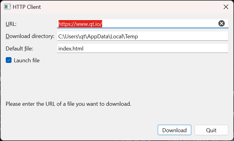 The user enters the URL, file name, and download location in the main window. The QNetworkAccessManager class uses this information to download the file