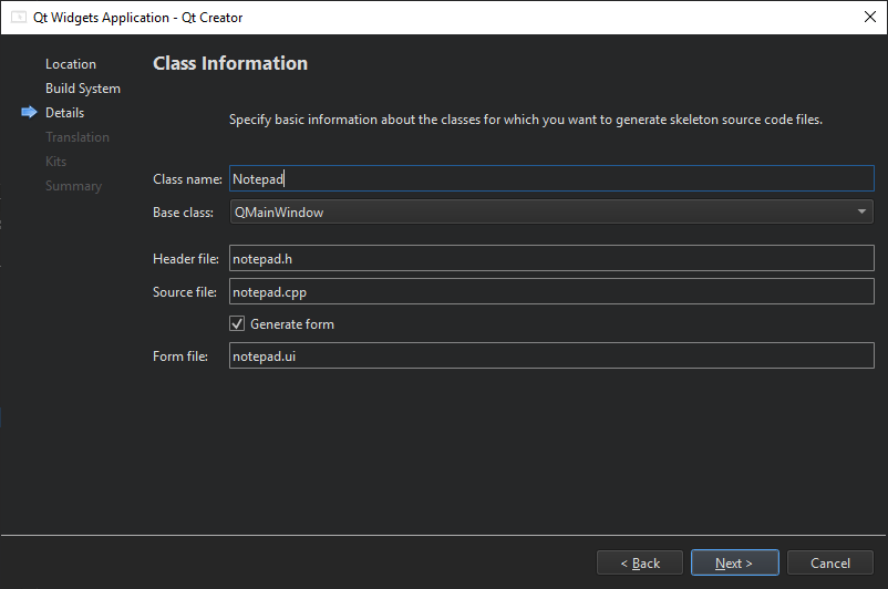 Class Information dialog