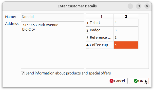 Dialog for entering customer order information