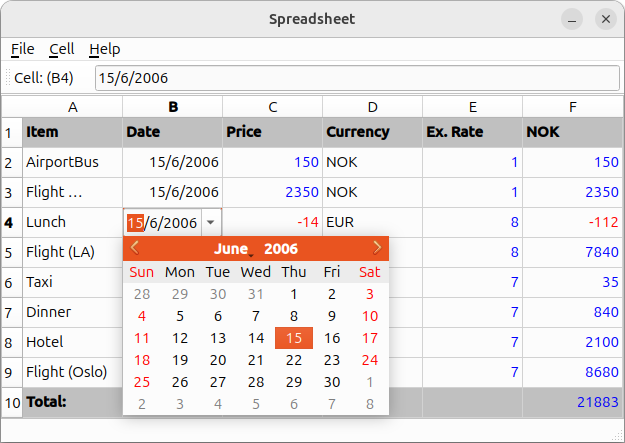 Spreadsheet application with cells, rows, and columns