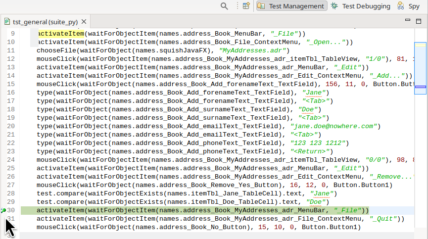 The Squish IDE showing the tst_general test case with a breakpoint