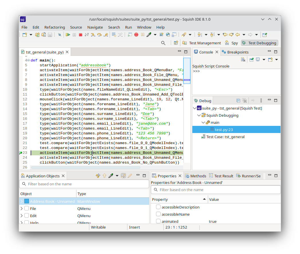 "Squish stopped at a breakpoint"