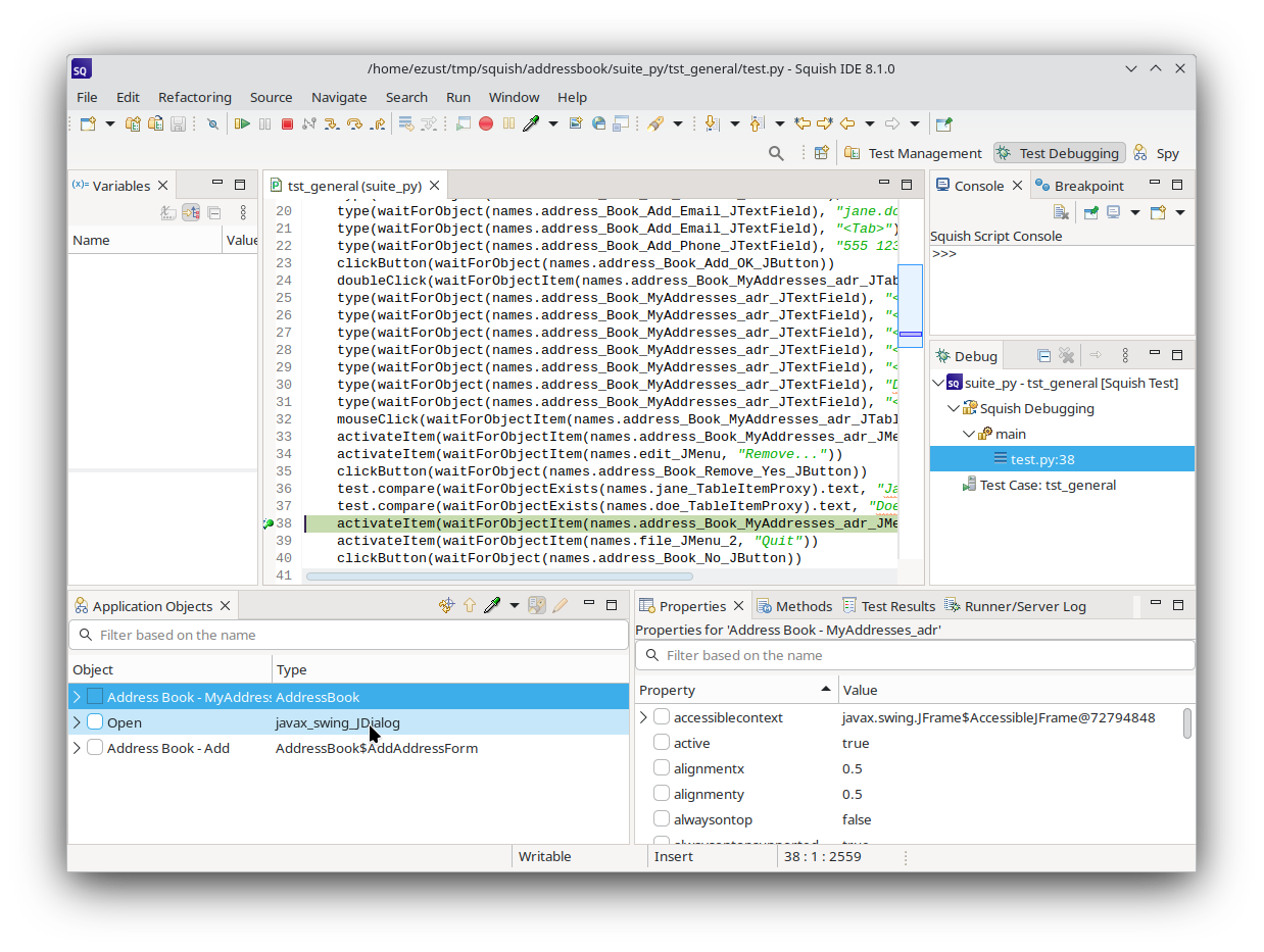 "Squish Stopped at a breakpoint in Debug Perspective"