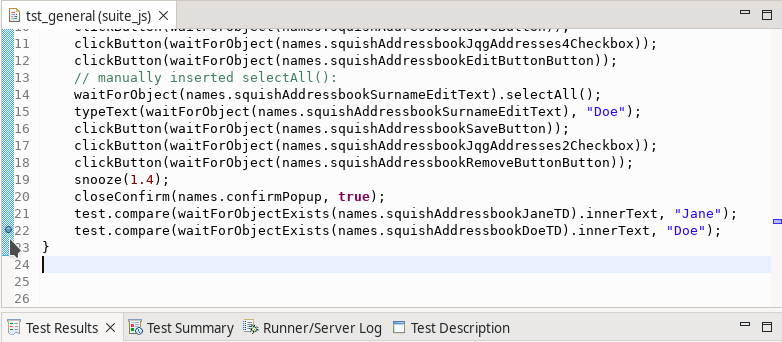 The tst_general test case with a breakpoint